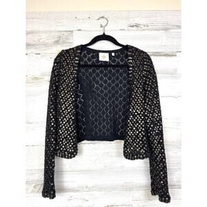 Anthropologie HWR Women’s L Black Cotton Angora Gold Sequined Bolero Cardigan
